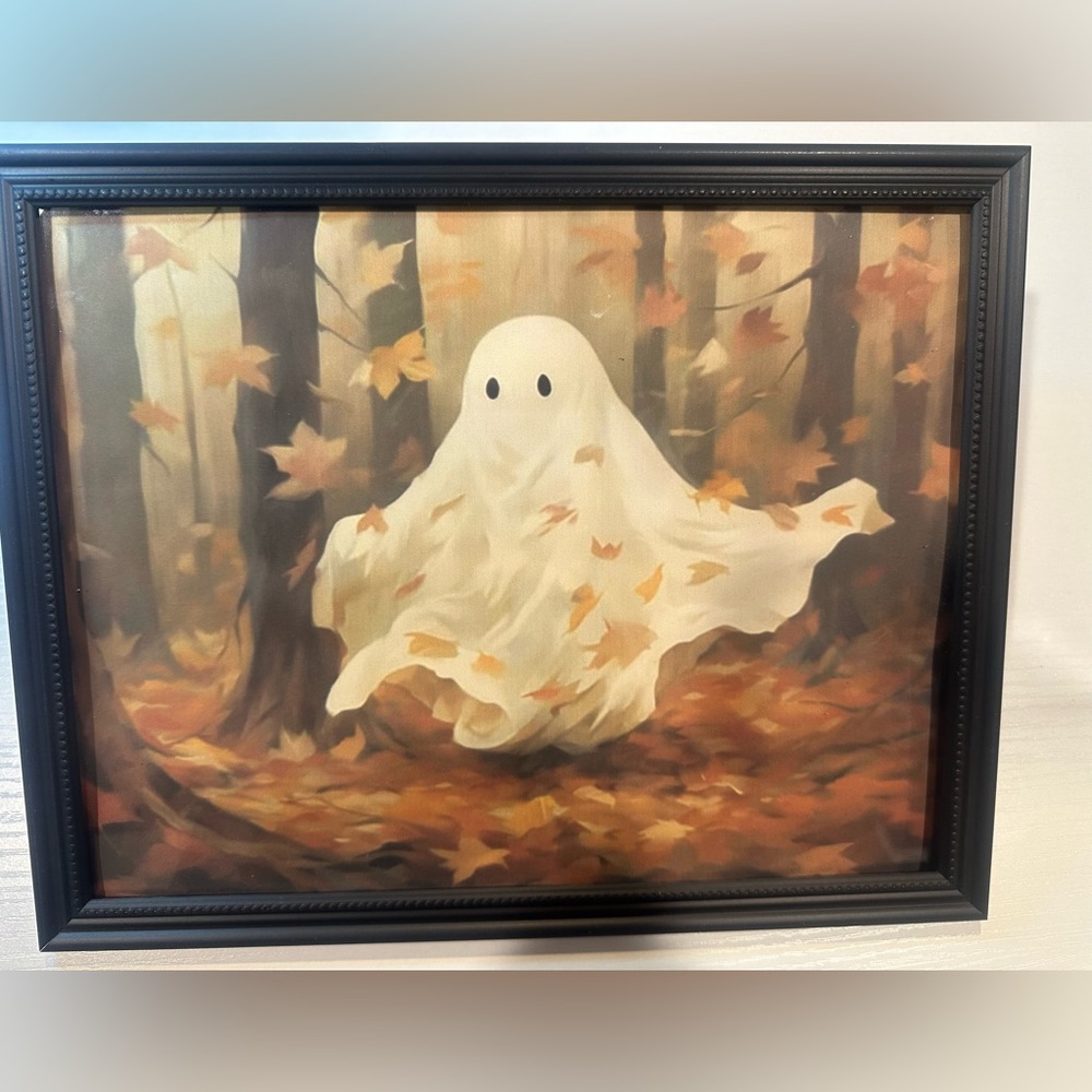 Cute Ghost Walking in Woods with Swirling Leaves  framed 8x10” print